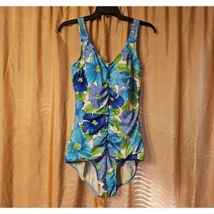 Tropical Escape Floral Blue and Green Womens One Piece Swimsuit